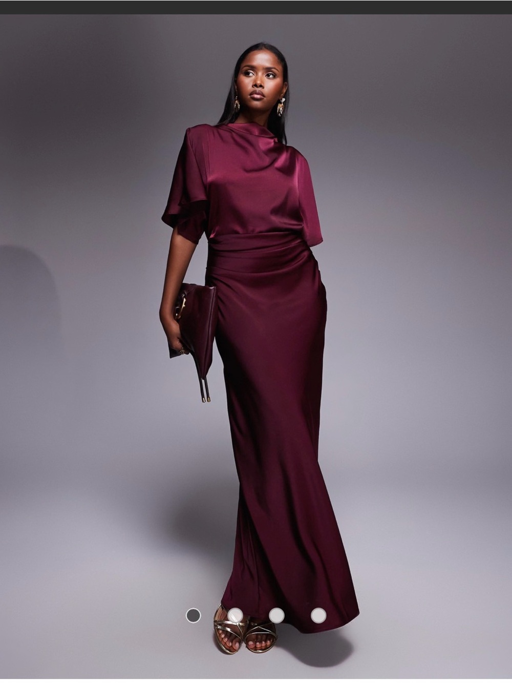 ASOS DESIGN satin high neck blouson maxi dress with flutter sleeves in plum